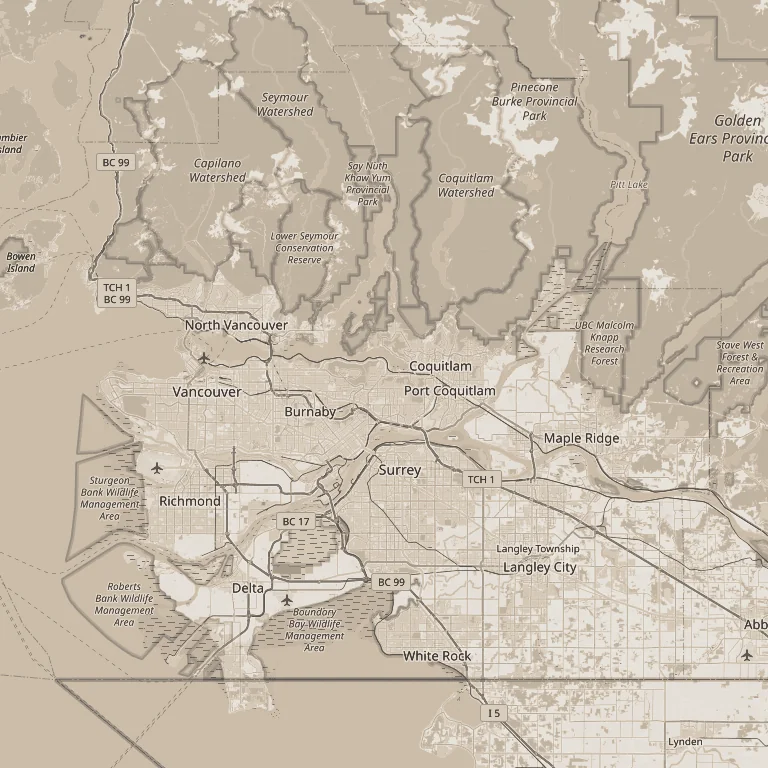 Map of Metro Vancouver showing the studio's service area, from Vancouver and the North Shore east to Maple Ridge and south to Surrey and Langley.