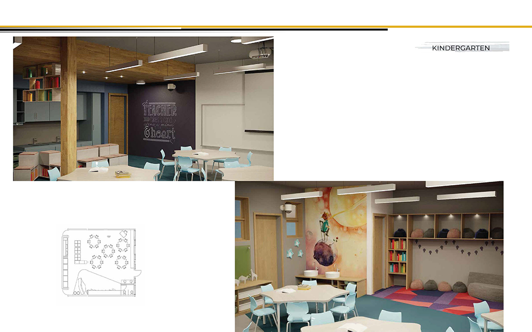 Westcott Elementary School kindergarten design board showing two classroom renderings and a furniture plan