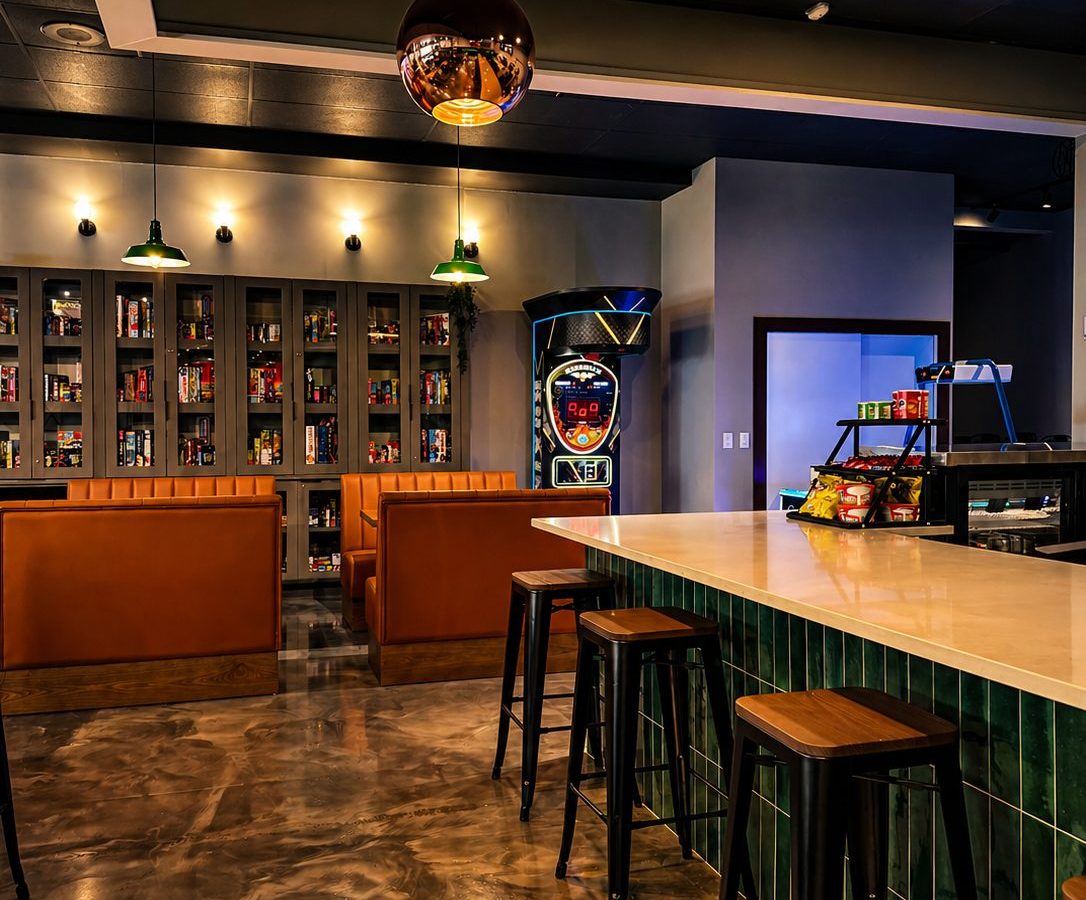 Bar counter, leather booths and game shelving at Cue's N Cushion