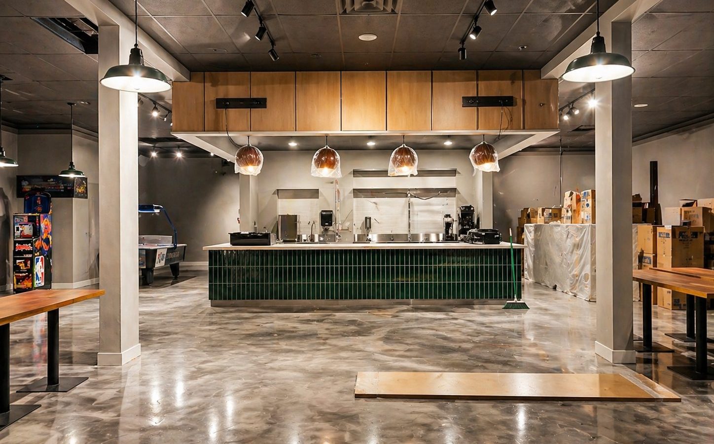Bar and kitchen area before finishing at Cue's N Cushion