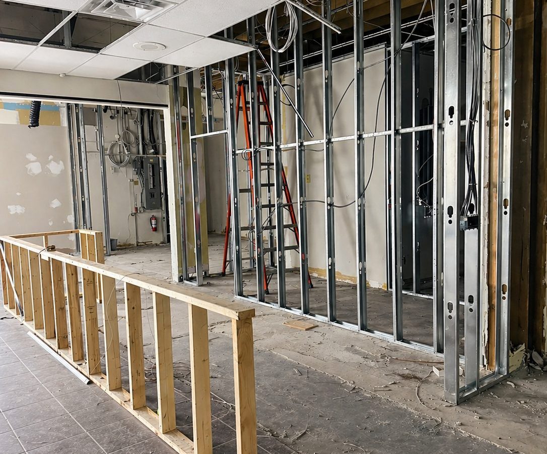 Steel stud framing during construction at Cue's N Cushion