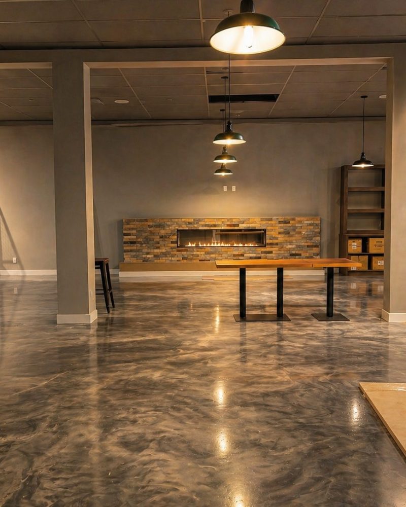 Open space with polished concrete floor before fit-out at Cue's N Cushion